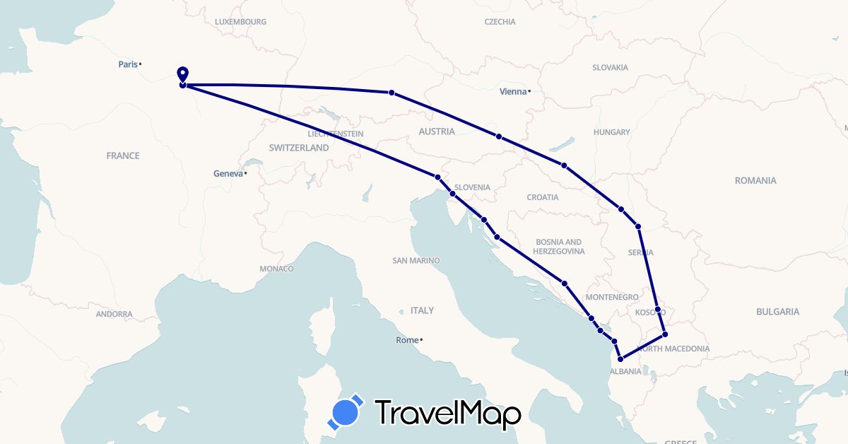 TravelMap itinerary: driving in Albania, Austria, Bosnia and Herzegovina, Germany, France, Croatia, Hungary, Italy, Montenegro, Macedonia, Serbia, Kosovo (Europe)