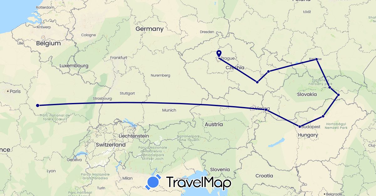 TravelMap itinerary: driving in Czech Republic, France, Hungary, Poland, Slovakia (Europe)